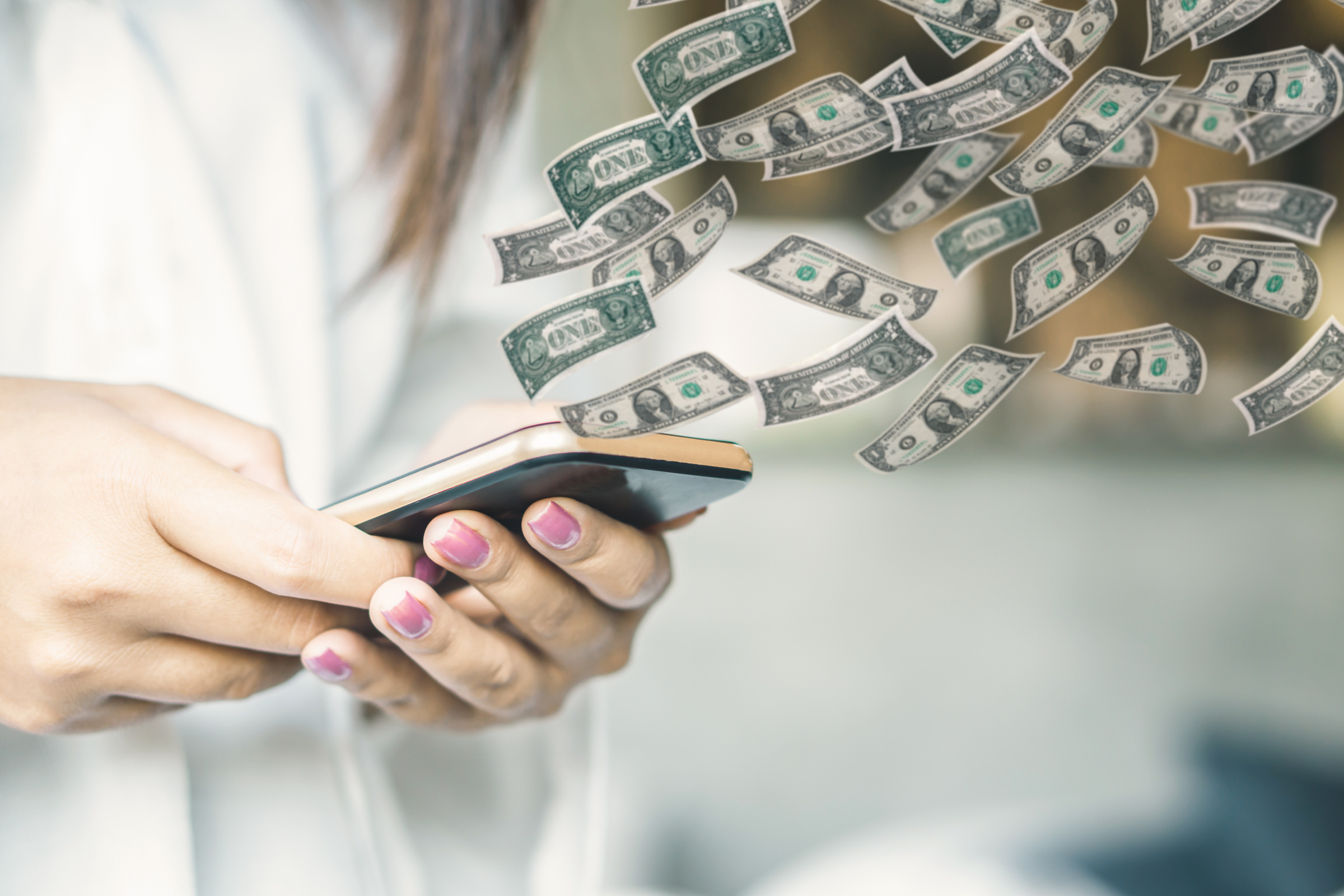 woman hand holding smart phone transfer money online